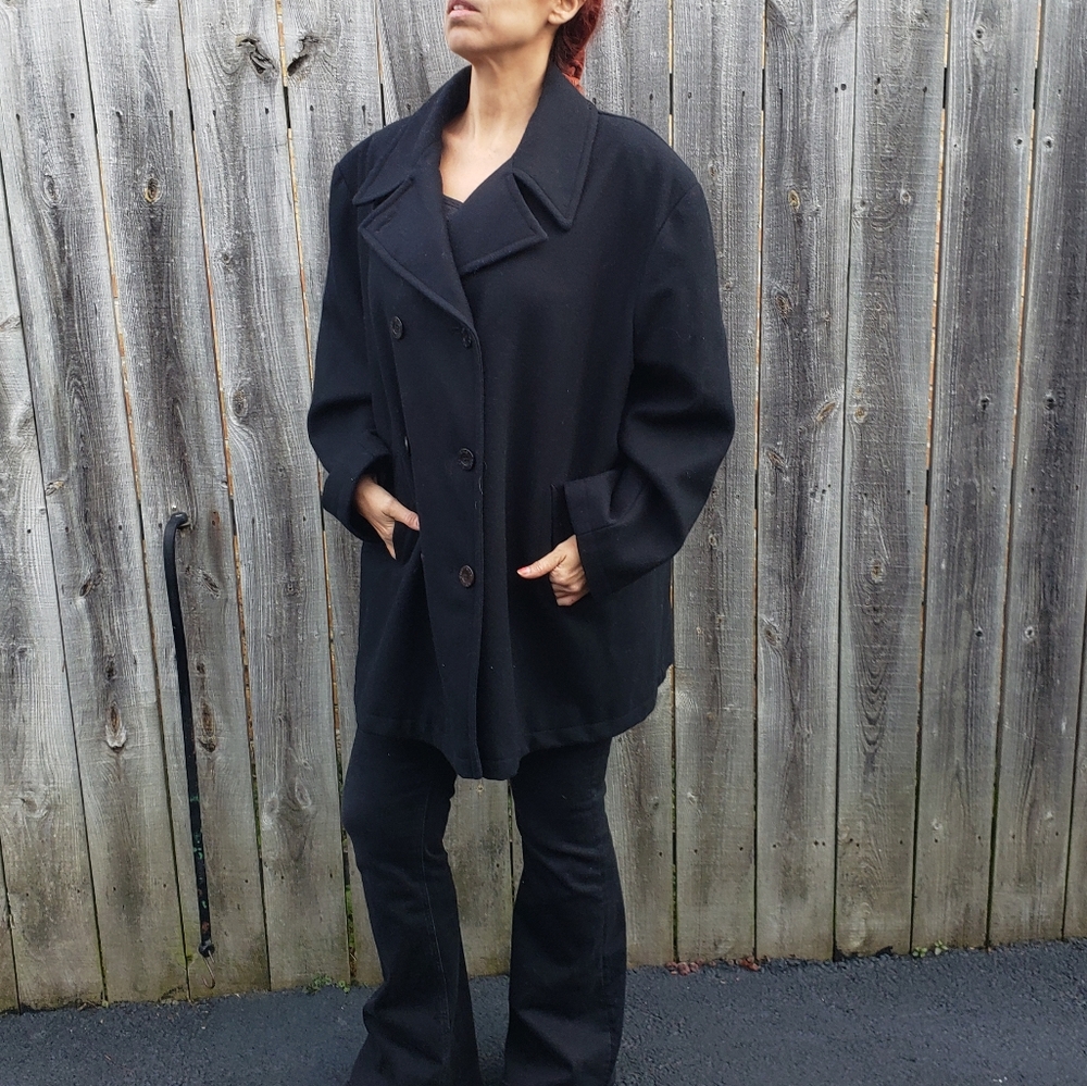 Stephanie Mathews vintage 100% Wool double breasted black pea coat plus size 2X